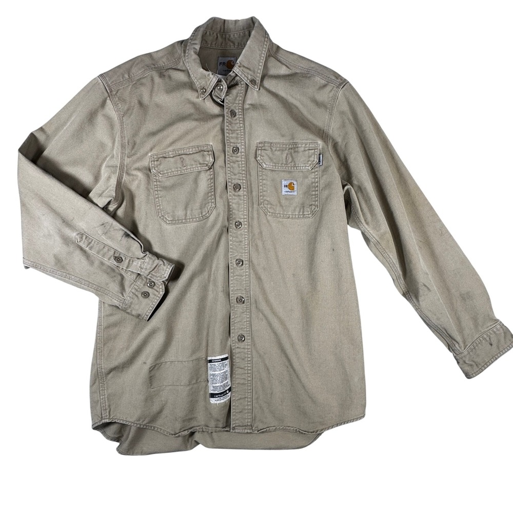 Thrashed Carhartt FR Work Shirt Mens L Distressed Khaki Skater Grunge Utility
